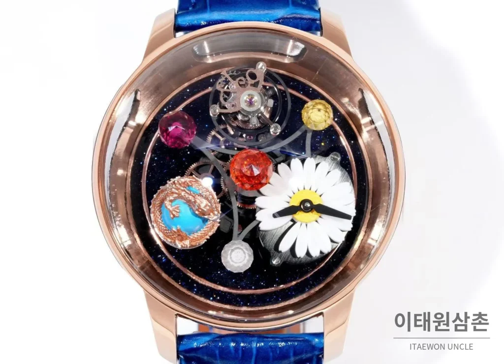 제이콥앤코 지드래곤 다이아몬드 데이지 드래곤 투르비용 시계 47mm 멀티컬러 블랙 다이얼 블루 가죽 스트랩 로즈골드 베젤