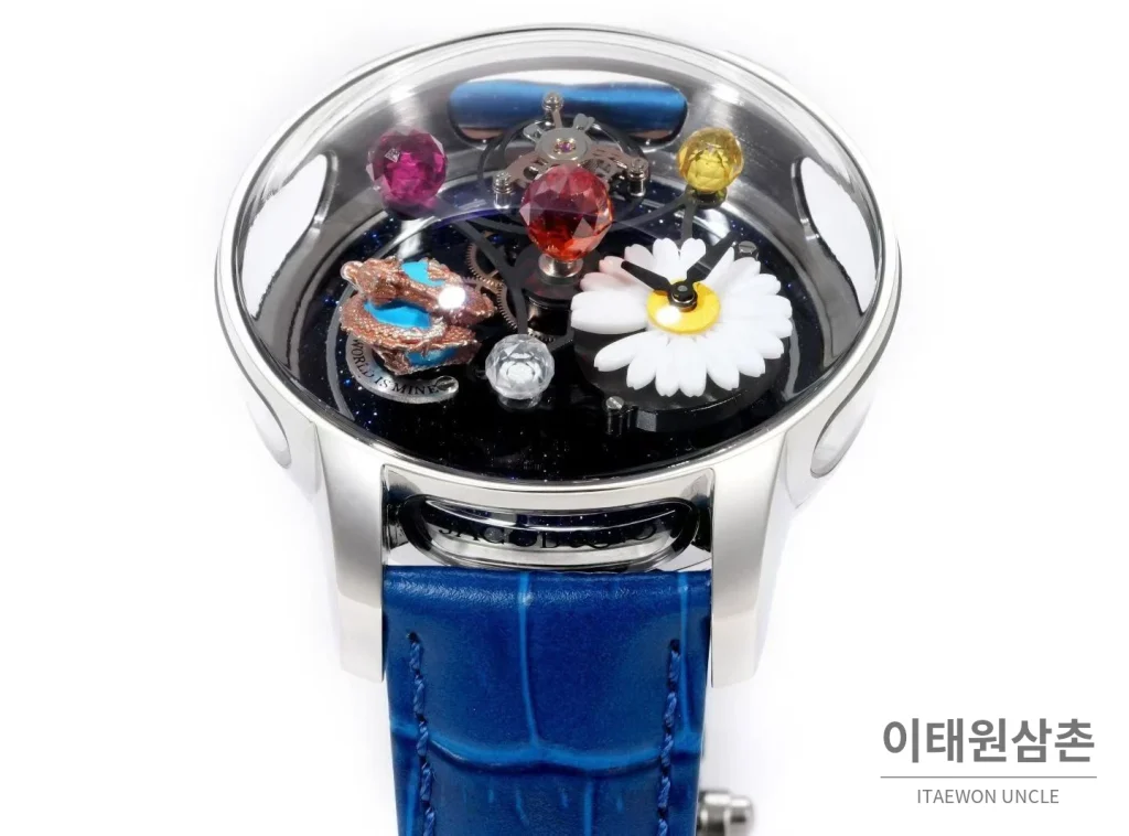 제이콥앤코 지드래곤 다이아몬드 데이지 드래곤 투르비용 시계 47mm 멀티컬러 블랙 다이얼 블루 가죽 스트랩