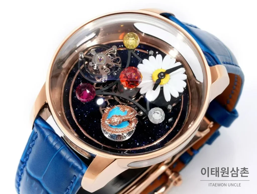 제이콥앤코 지드래곤 다이아몬드 데이지 드래곤 투르비용 시계 47mm 멀티컬러 블랙 다이얼 블루 가죽 스트랩 로즈골드 베젤