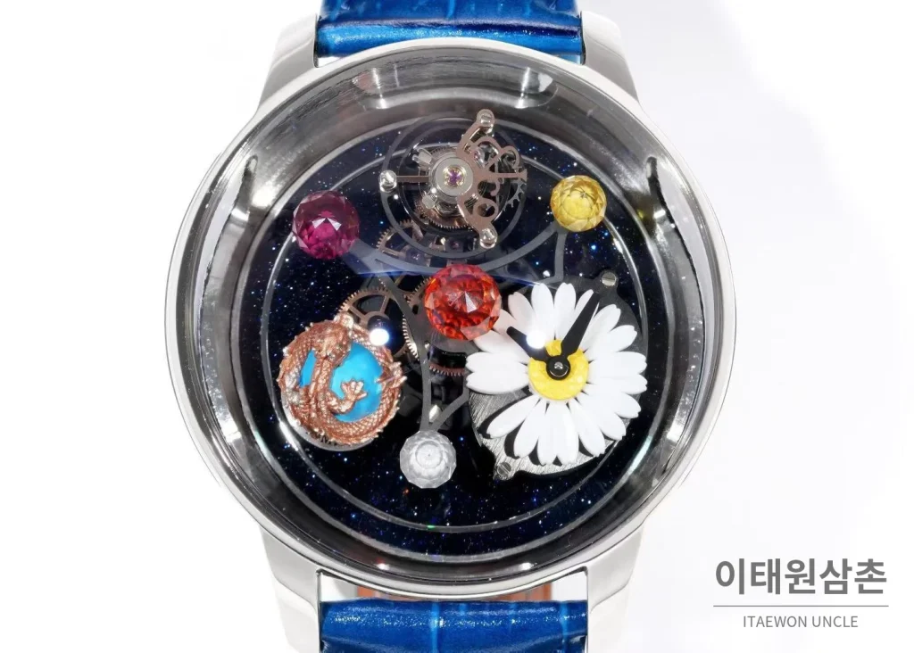 제이콥앤코 지드래곤 다이아몬드 데이지 드래곤 투르비용 시계 47mm 멀티컬러 블랙 다이얼 블루 가죽 스트랩