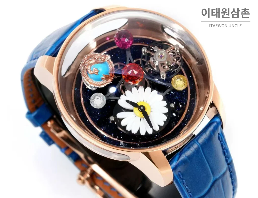 제이콥앤코 지드래곤 다이아몬드 데이지 드래곤 투르비용 시계 47mm 멀티컬러 블랙 다이얼 블루 가죽 스트랩 로즈골드 베젤