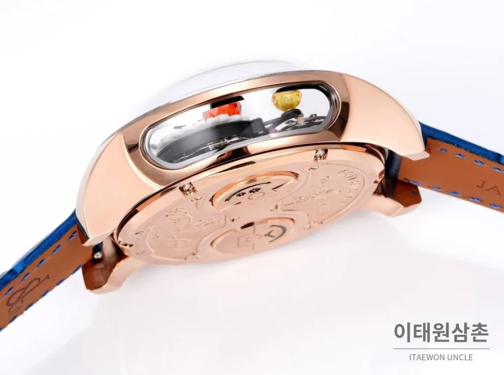 제이콥앤코 지드래곤 다이아몬드 데이지 드래곤 투르비용 시계 47mm 멀티컬러 블랙 다이얼 블루 가죽 스트랩 로즈골드 베젤