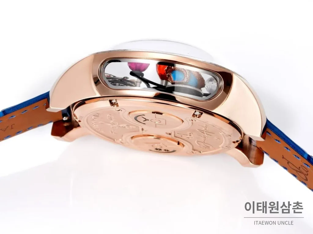 제이콥앤코 지드래곤 다이아몬드 데이지 드래곤 투르비용 시계 47mm 멀티컬러 블랙 다이얼 블루 가죽 스트랩 로즈골드 베젤