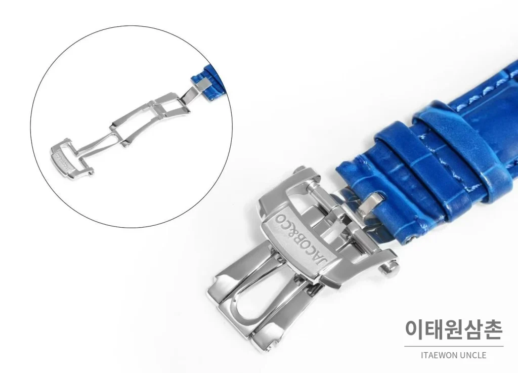 제이콥앤코 지드래곤 다이아몬드 데이지 드래곤 투르비용 시계 47mm 멀티컬러 블랙 다이얼 블루 가죽 스트랩