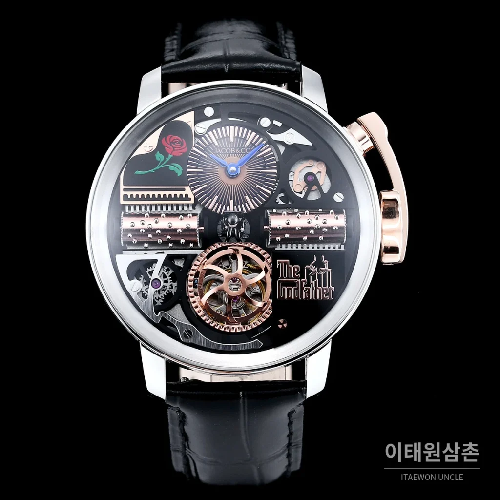 제이콥앤코 스테인리스 스틸 컬러블록 허니콤 스트랩 오토매틱 45mm 스켈레톤 다이얼