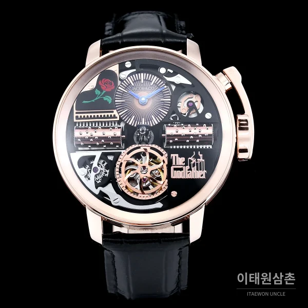 제이콥앤코 스테인리스 스틸 컬러블록 허니콤 스트랩 오토매틱 45mm 블랙 다이얼 로즈골드 베젤