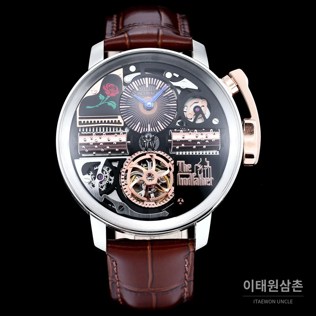 제이콥앤코 스테인리스 스틸 컬러블록 허니콤 스트랩 오토매틱 45mm 스켈레톤 다이얼