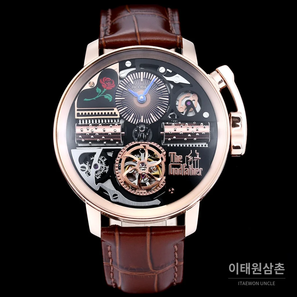 제이콥앤코 스테인리스 스틸 컬러블록 허니콤 스트랩 오토매틱 45mm 블랙 다이얼 로즈골드 베젤