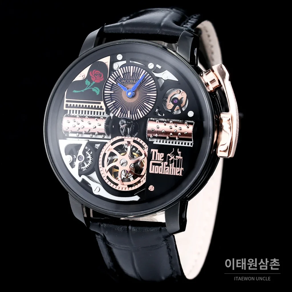 제이콥앤코 스테인리스 스틸 컬러블록 허니콤 스트랩 오토매틱 45mm 스켈레톤 다이얼 블랙 베젤