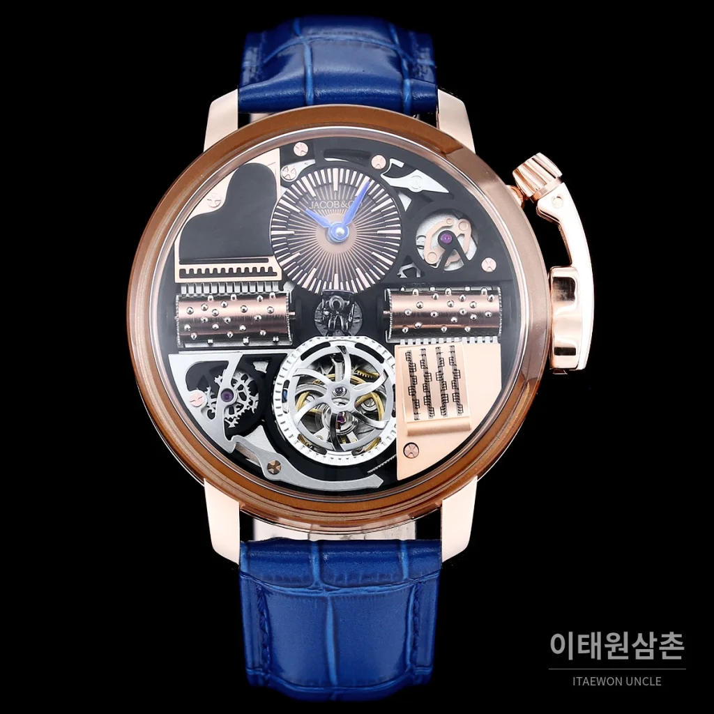 제이콥앤코 스테인리스 스틸 컬러블록 허니콤 스트랩 오토매틱 45mm 블랙 다이얼 로즈골드 베젤