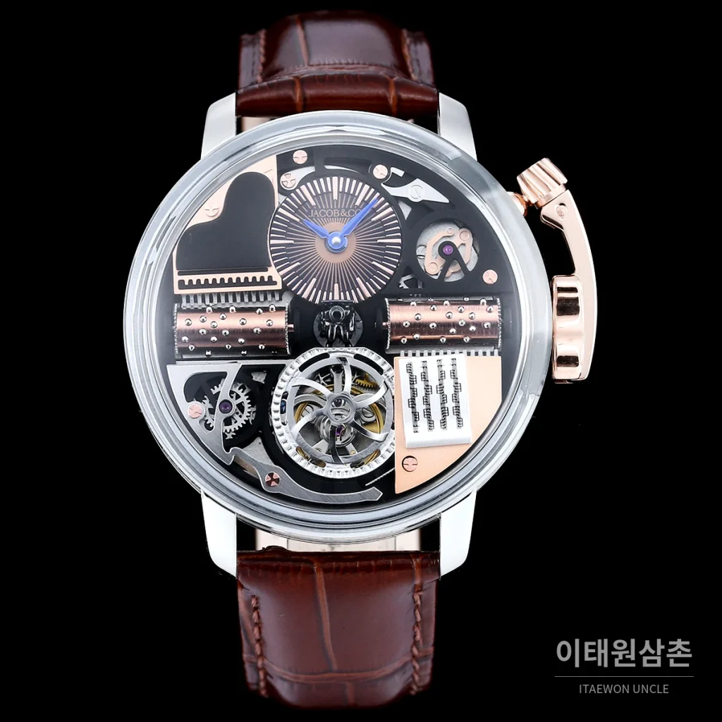 제이콥앤코 스테인리스 스틸 컬러블록 허니콤 스트랩 오토매틱 45mm 스켈레톤 다이얼