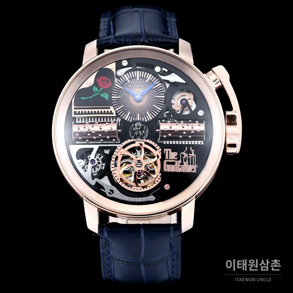 제이콥앤코 스테인리스 스틸 컬러블록 허니콤 스트랩 오토매틱 45mm 블랙 다이얼 로즈골드 베젤