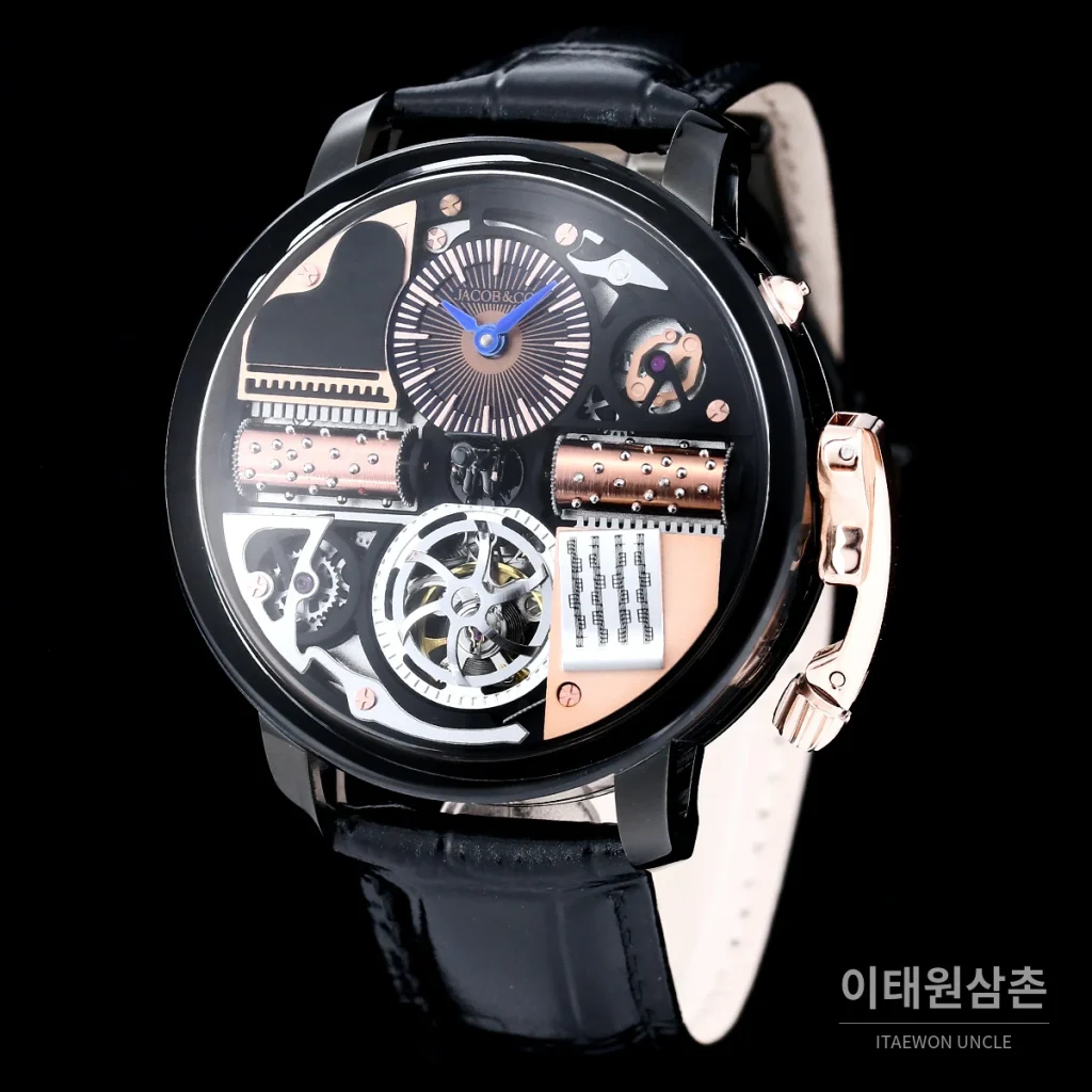 제이콥앤코 스테인리스 스틸 컬러블록 허니콤 스트랩 오토매틱 45mm 스켈레톤 다이얼 블랙 베젤