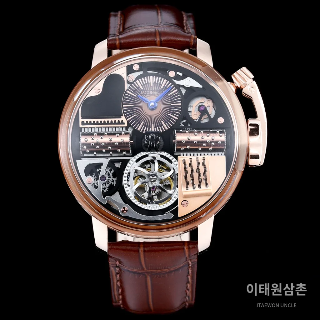 제이콥앤코 스테인리스 스틸 컬러블록 허니콤 스트랩 오토매틱 45mm 블랙 다이얼 로즈골드 베젤
