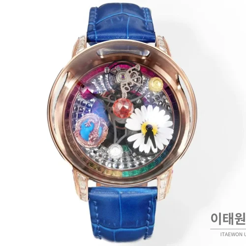 제이콥앤코 지드래곤 데이지 드래곤 더블축 투르비용 47mm 스켈레톤 다이얼 블루 가죽 스트랩 로즈골드 베젤 제이콥앤코 지드래곤 데이지 드래곤 더블축 투르비용 47mm 스켈레톤 다이얼 블루 가죽 스트랩 로즈골드 베젤