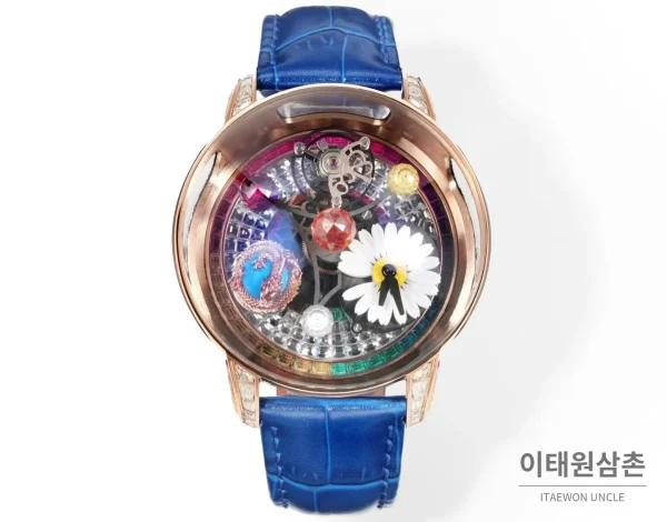 제이콥앤코 지드래곤 데이지 드래곤 더블축 투르비용 47mm 스켈레톤 다이얼 블루 가죽 스트랩 로즈골드 베젤 제이콥앤코 지드래곤 데이지 드래곤 더블축 투르비용 47mm 스켈레톤 다이얼 블루 가죽 스트랩 로즈골드 베젤