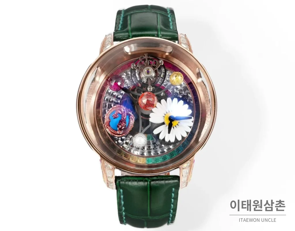 제이콥앤코 지드래곤 데이지 드래곤 더블축 투르비용 47mm 스켈레톤 다이얼 그린 가죽 스트랩 로즈골드 베젤