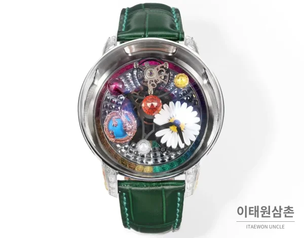 제이콥앤코 지드래곤 데이지 드래곤 더블축 투르비용 47mm 스켈레톤 다이얼 그린 가죽 스트랩