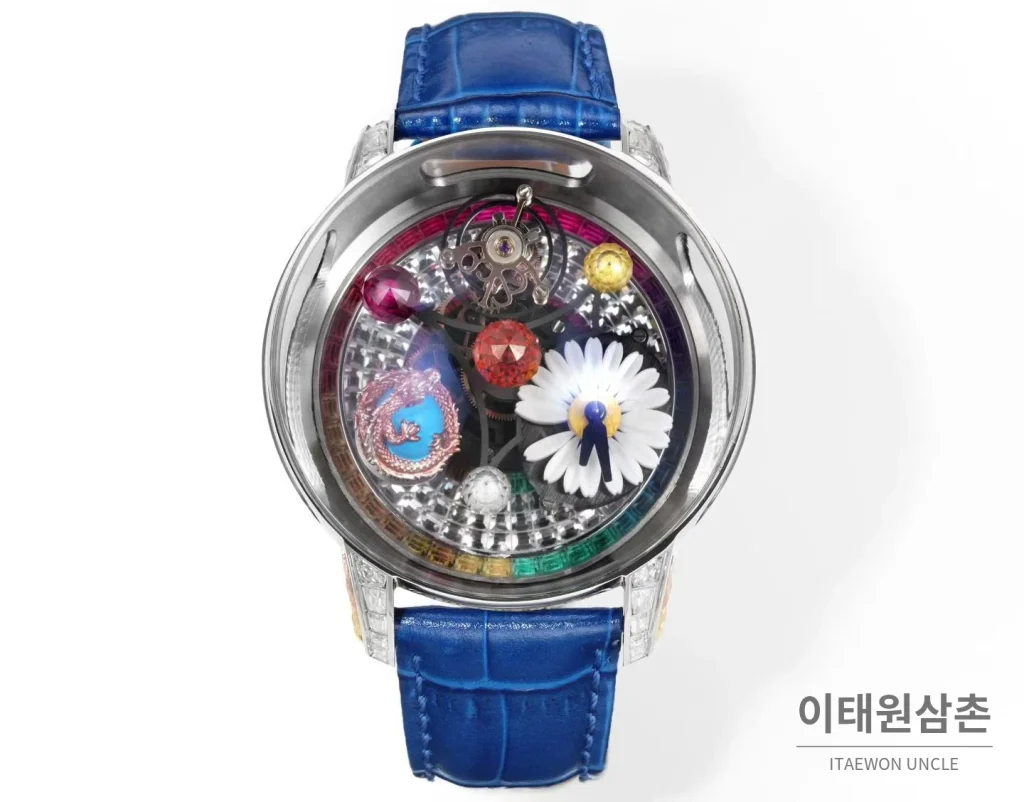 제이콥앤코 지드래곤 데이지 드래곤 더블축 투르비용 47mm 스켈레톤 다이얼 블루 가죽 스트랩