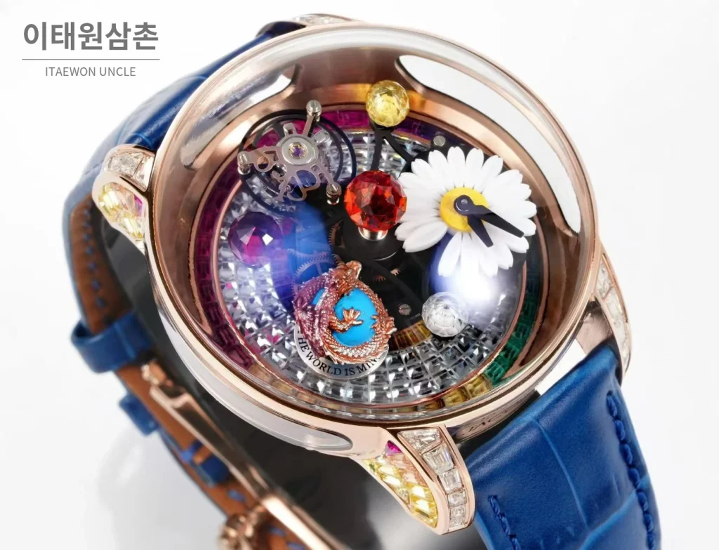 제이콥앤코 지드래곤 데이지 드래곤 더블축 투르비용 47mm 스켈레톤 다이얼 블루 가죽 스트랩 로즈골드 베젤