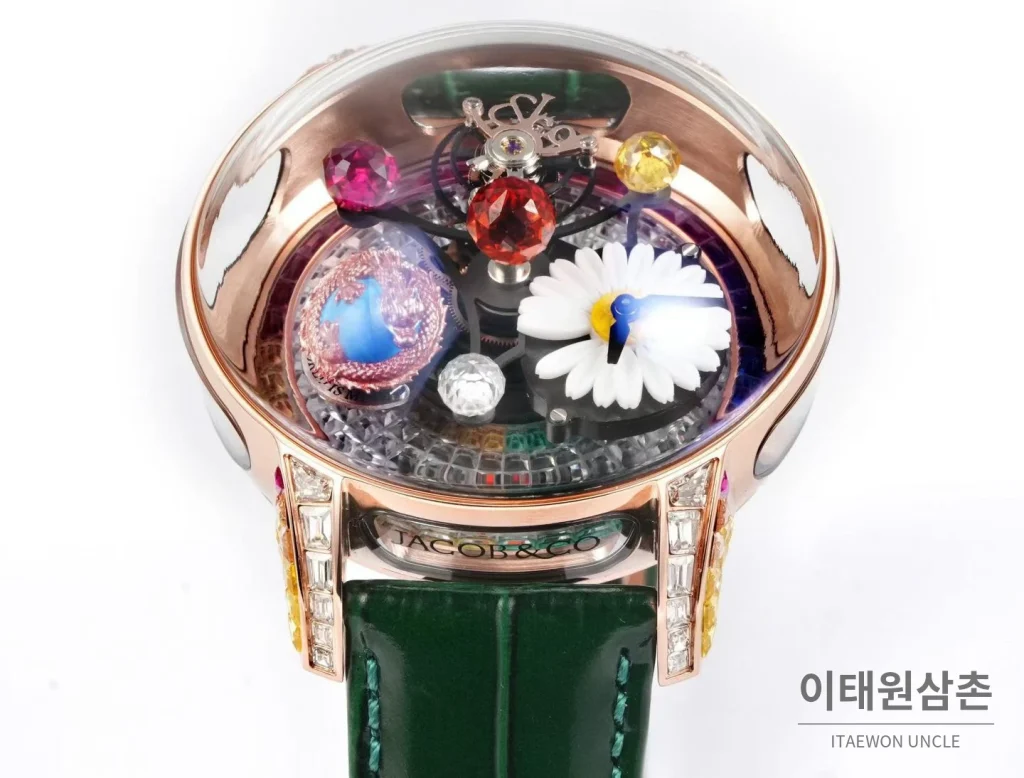제이콥앤코 지드래곤 데이지 드래곤 더블축 투르비용 47mm 스켈레톤 다이얼 그린 가죽 스트랩 로즈골드 베젤