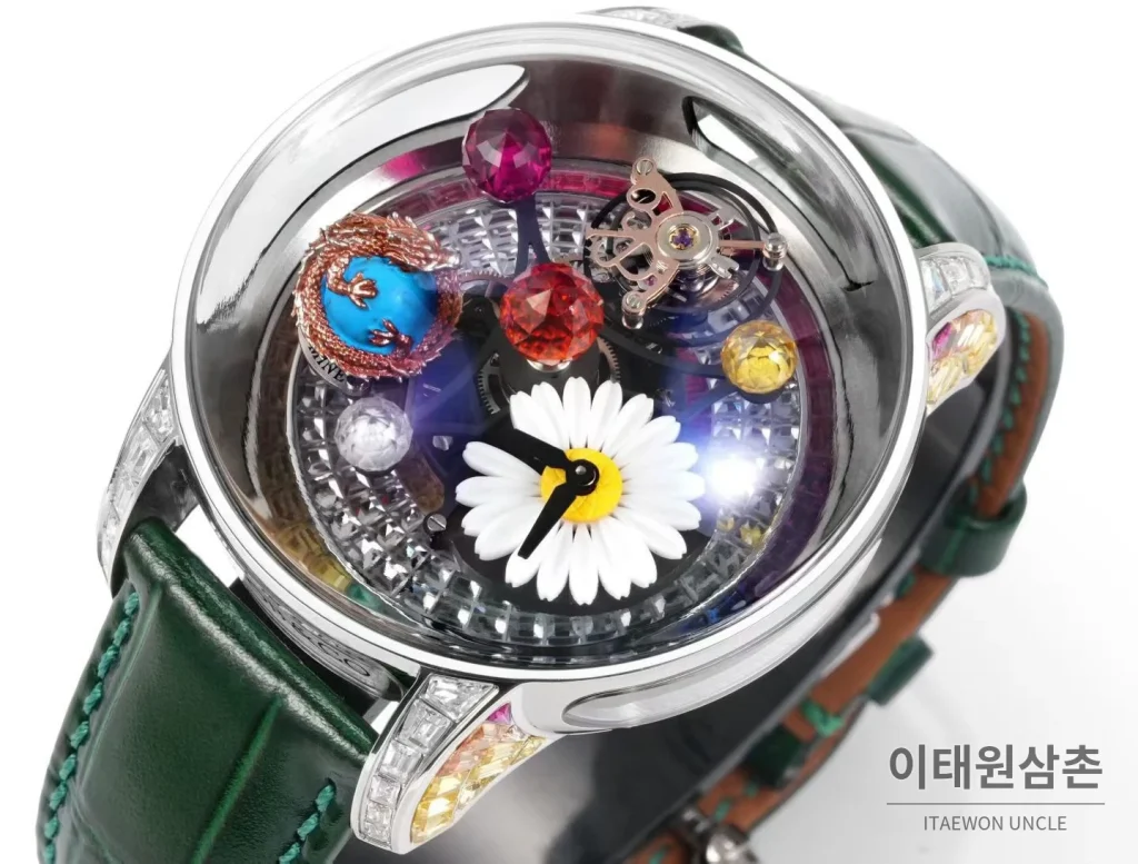 제이콥앤코 지드래곤 데이지 드래곤 더블축 투르비용 47mm 스켈레톤 다이얼 그린 가죽 스트랩
