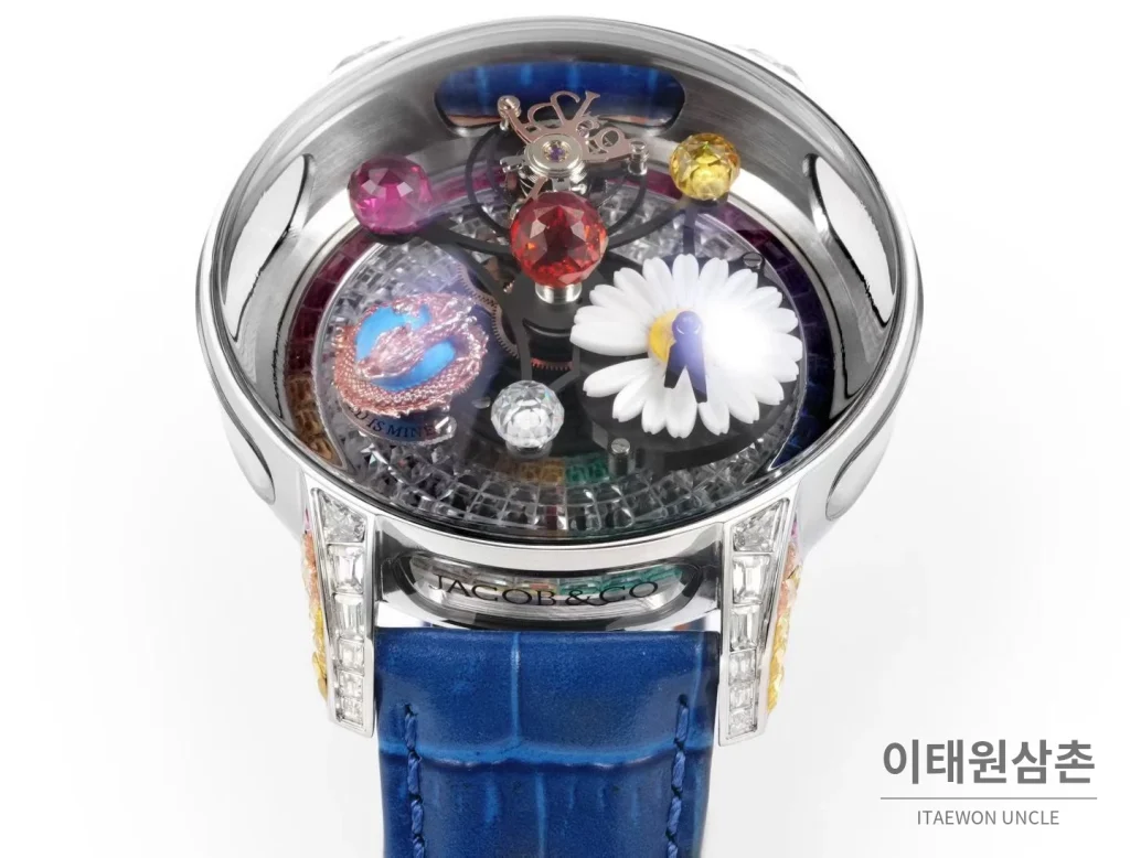 제이콥앤코 지드래곤 데이지 드래곤 더블축 투르비용 47mm 스켈레톤 다이얼 블루 가죽 스트랩