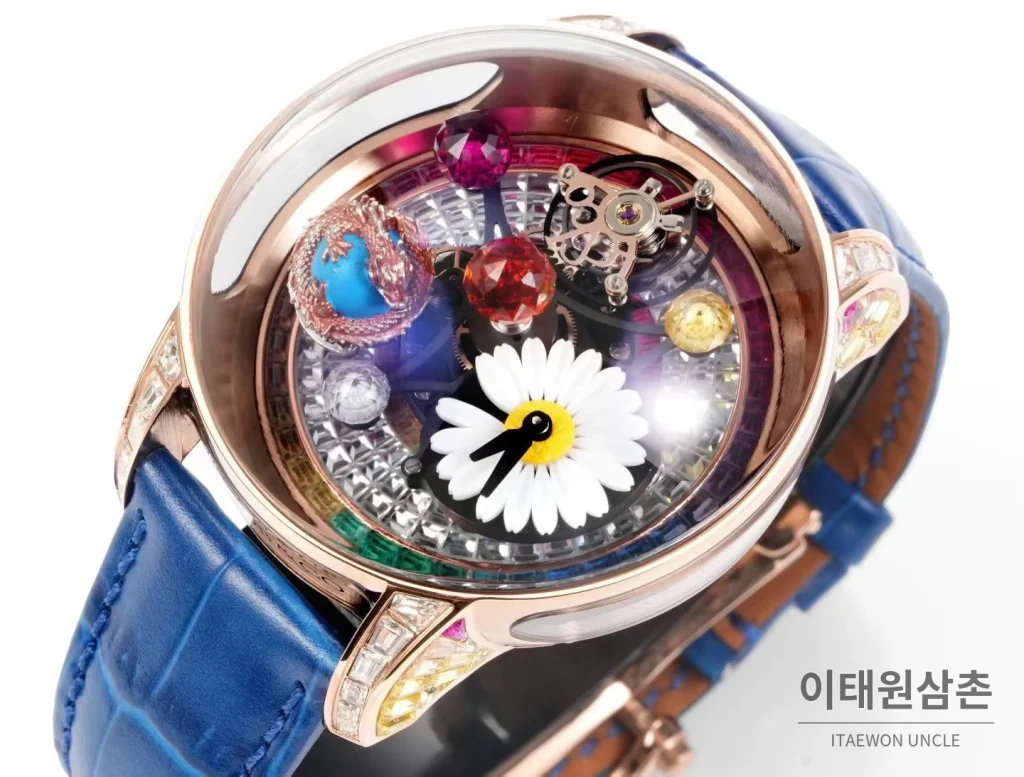 제이콥앤코 지드래곤 데이지 드래곤 더블축 투르비용 47mm 스켈레톤 다이얼 블루 가죽 스트랩 로즈골드 베젤