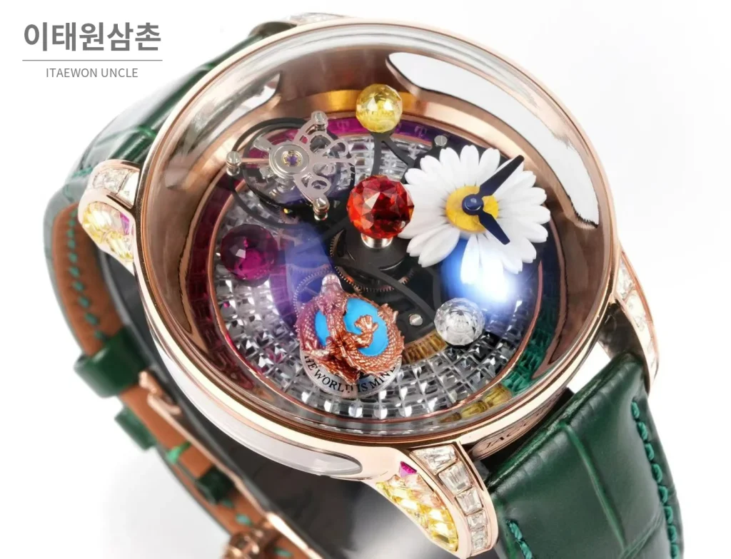 제이콥앤코 지드래곤 데이지 드래곤 더블축 투르비용 47mm 스켈레톤 다이얼 그린 가죽 스트랩 로즈골드 베젤