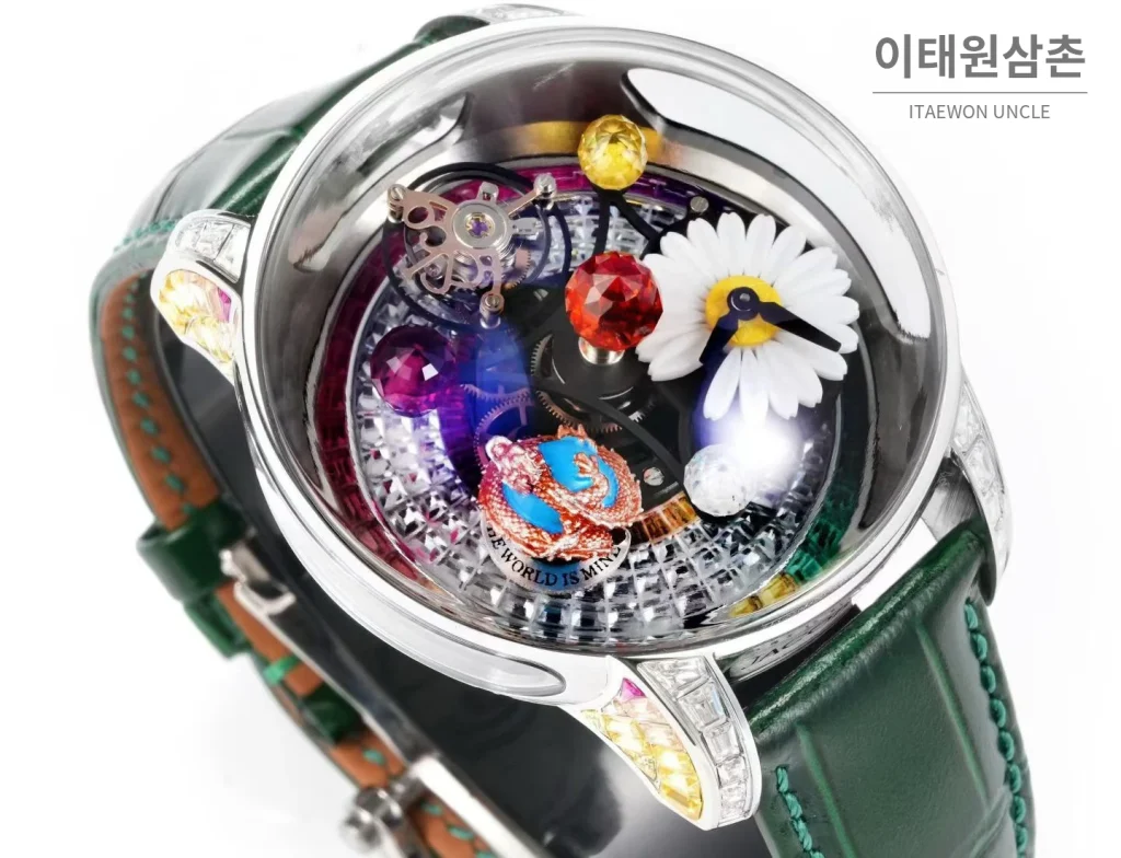 제이콥앤코 지드래곤 데이지 드래곤 더블축 투르비용 47mm 스켈레톤 다이얼 그린 가죽 스트랩