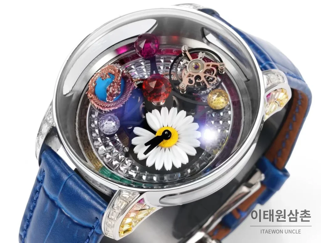 제이콥앤코 지드래곤 데이지 드래곤 더블축 투르비용 47mm 스켈레톤 다이얼 블루 가죽 스트랩