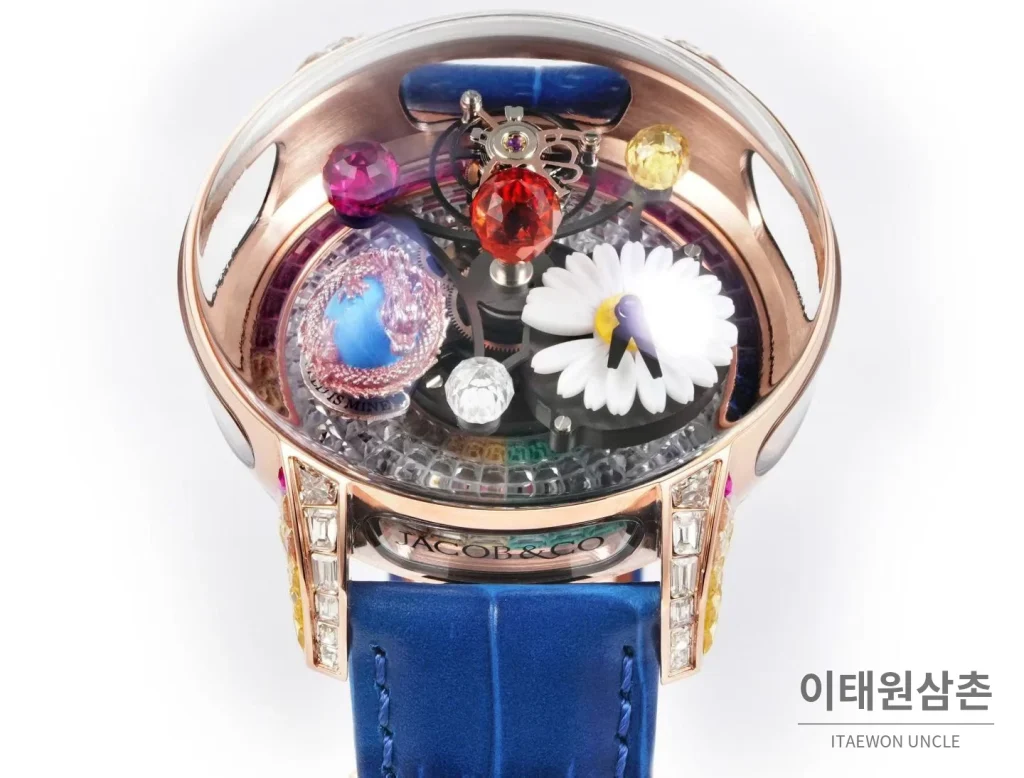 제이콥앤코 지드래곤 데이지 드래곤 더블축 투르비용 47mm 스켈레톤 다이얼 블루 가죽 스트랩 로즈골드 베젤