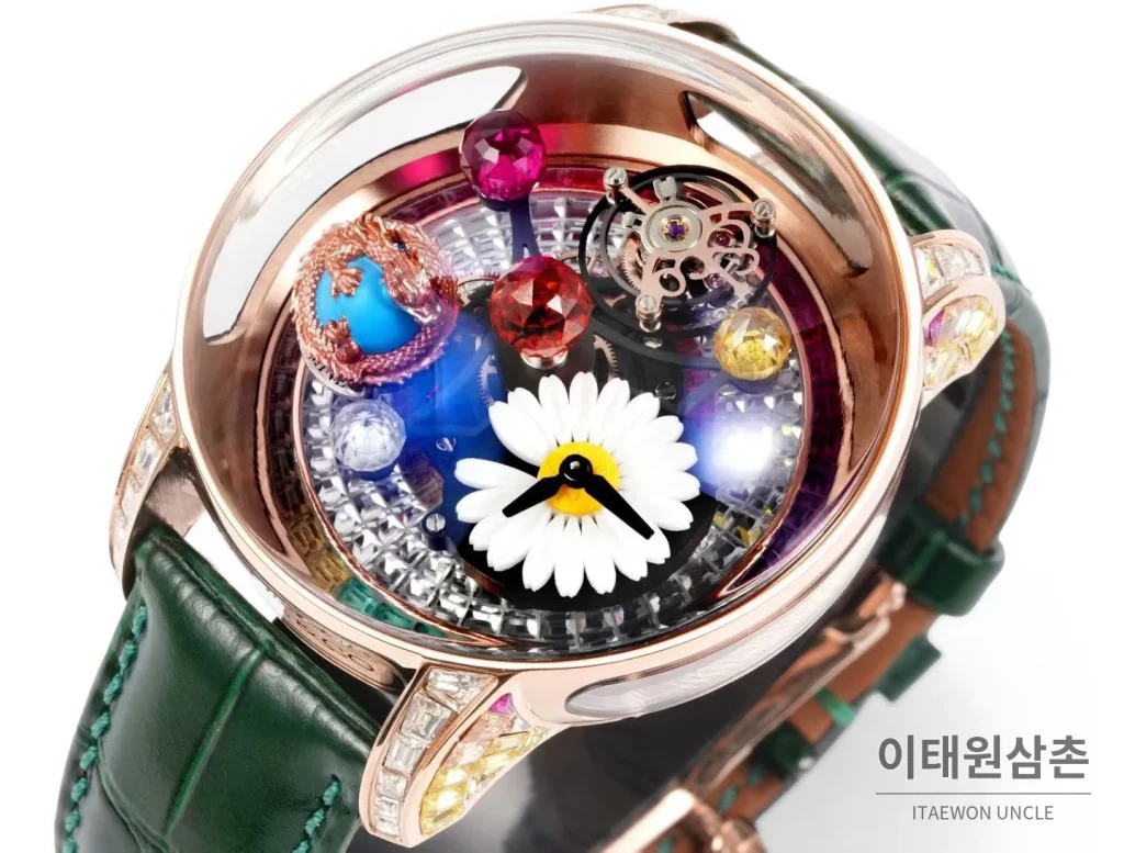 제이콥앤코 지드래곤 데이지 드래곤 더블축 투르비용 47mm 스켈레톤 다이얼 그린 가죽 스트랩 로즈골드 베젤