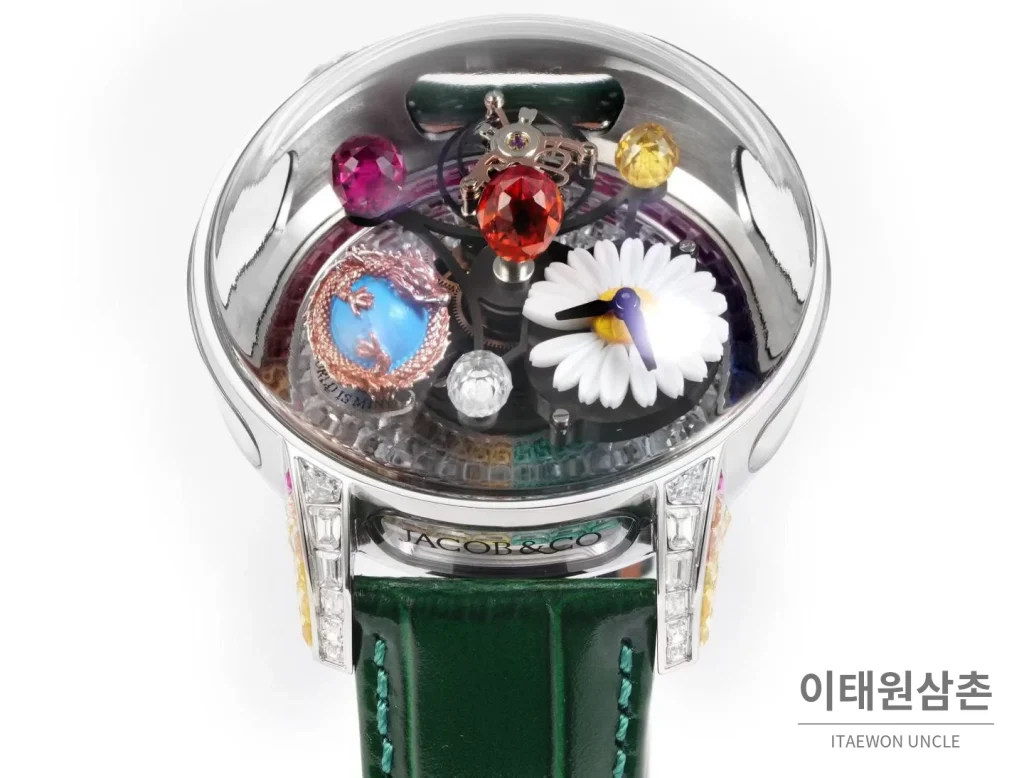 제이콥앤코 지드래곤 데이지 드래곤 더블축 투르비용 47mm 스켈레톤 다이얼 그린 가죽 스트랩