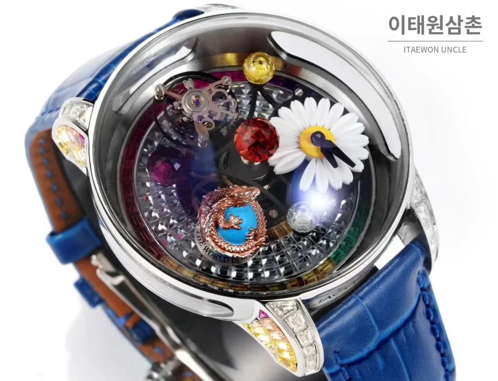 제이콥앤코 지드래곤 데이지 드래곤 더블축 투르비용 47mm 스켈레톤 다이얼 블루 가죽 스트랩
