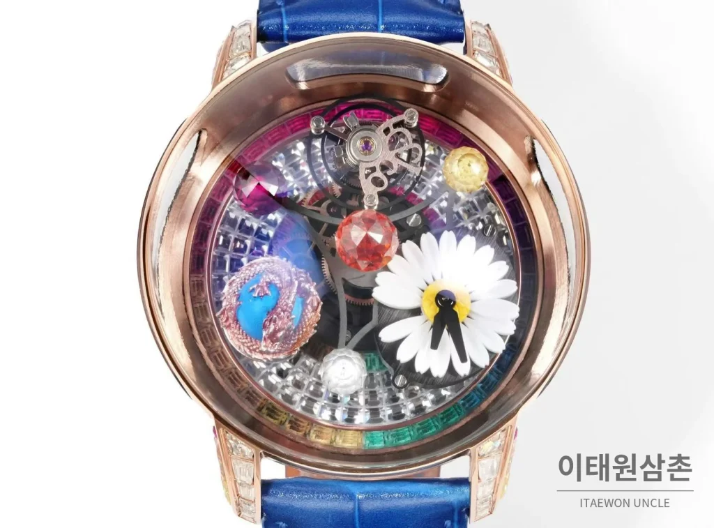 제이콥앤코 지드래곤 데이지 드래곤 더블축 투르비용 47mm 스켈레톤 다이얼 블루 가죽 스트랩 로즈골드 베젤