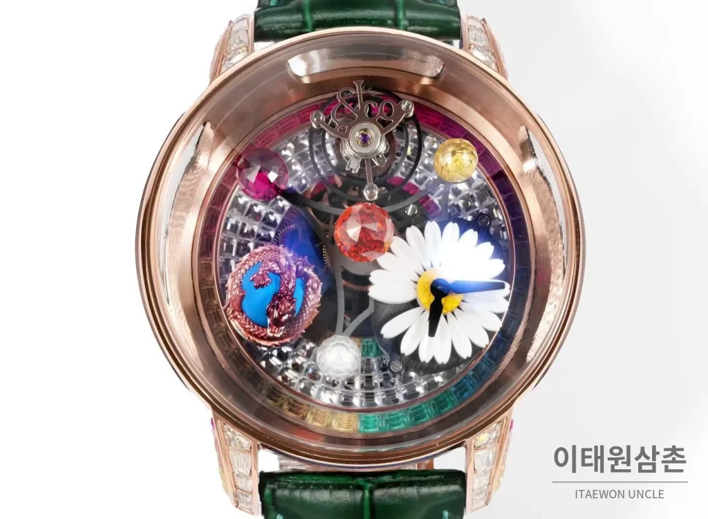 제이콥앤코 지드래곤 데이지 드래곤 더블축 투르비용 47mm 스켈레톤 다이얼 그린 가죽 스트랩 로즈골드 베젤
