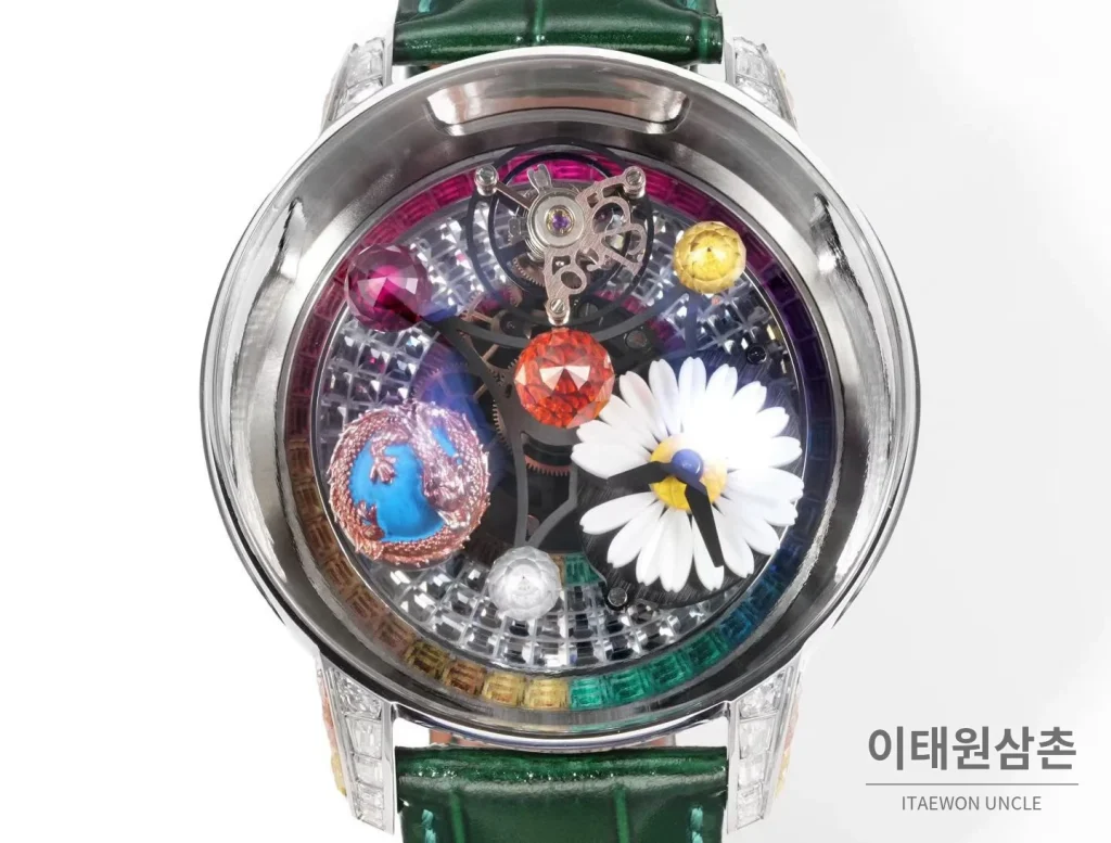 제이콥앤코 지드래곤 데이지 드래곤 더블축 투르비용 47mm 스켈레톤 다이얼 그린 가죽 스트랩