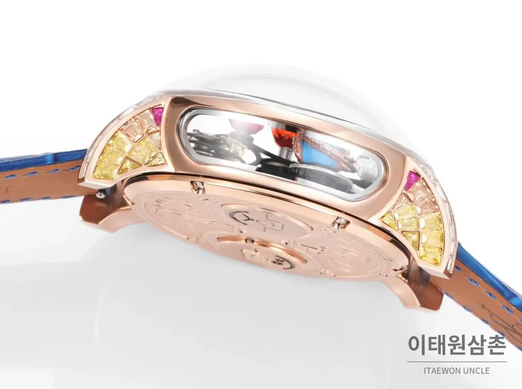 제이콥앤코 지드래곤 데이지 드래곤 더블축 투르비용 47mm 스켈레톤 다이얼 블루 가죽 스트랩 로즈골드 베젤