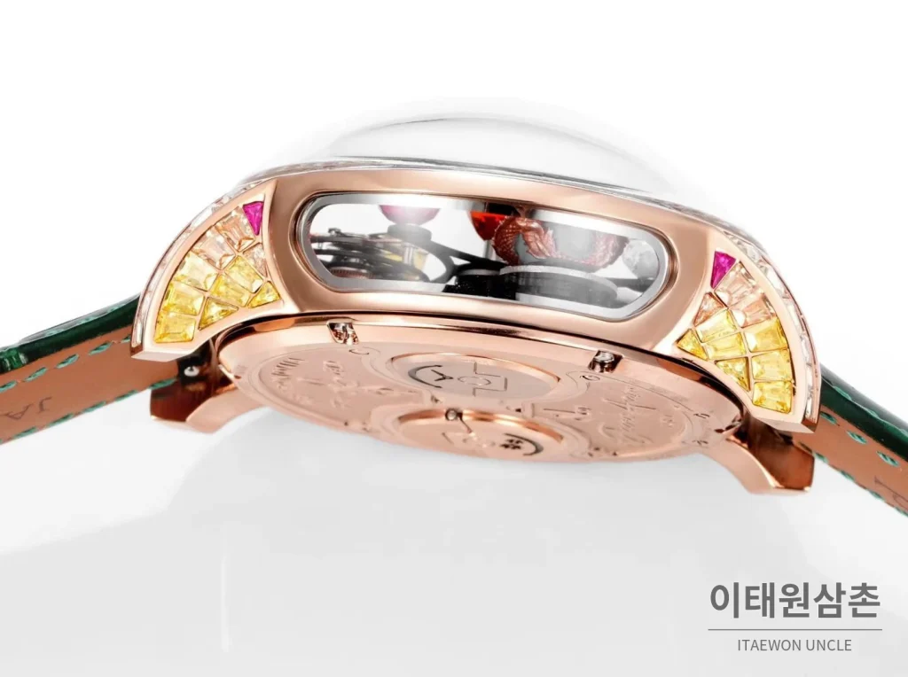 제이콥앤코 지드래곤 데이지 드래곤 더블축 투르비용 47mm 스켈레톤 다이얼 그린 가죽 스트랩 로즈골드 베젤