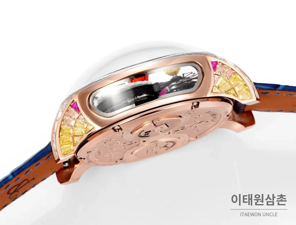 제이콥앤코 지드래곤 데이지 드래곤 더블축 투르비용 47mm 스켈레톤 다이얼 블루 가죽 스트랩 로즈골드 베젤