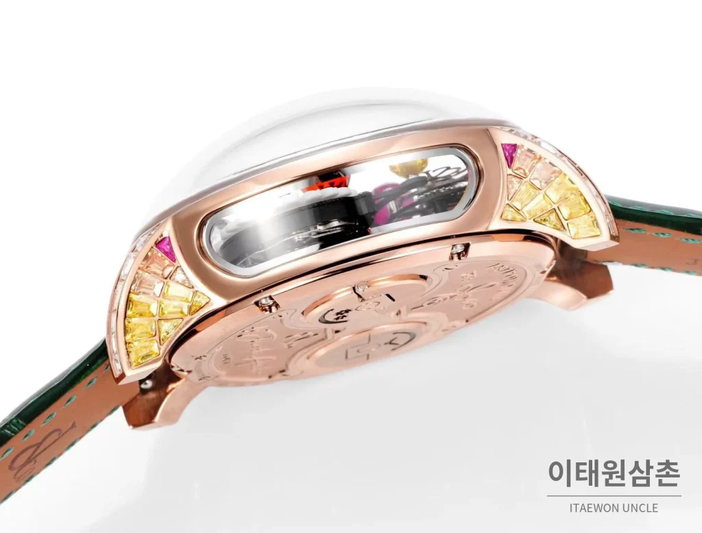 제이콥앤코 지드래곤 데이지 드래곤 더블축 투르비용 47mm 스켈레톤 다이얼 그린 가죽 스트랩 로즈골드 베젤