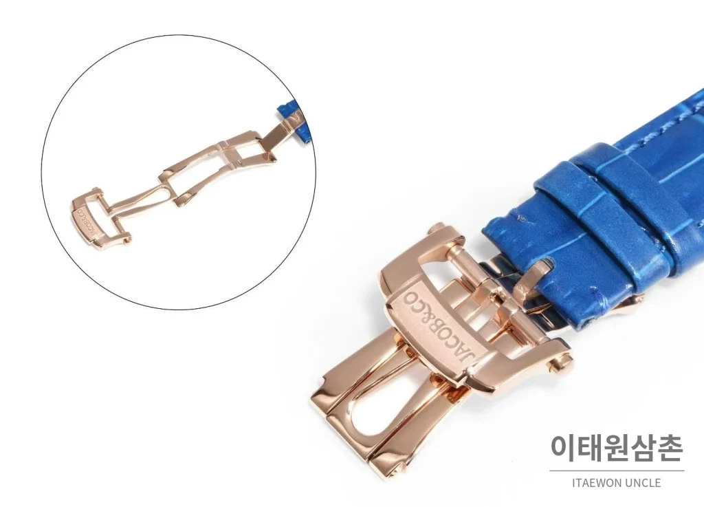 제이콥앤코 지드래곤 데이지 드래곤 더블축 투르비용 47mm 스켈레톤 다이얼 블루 가죽 스트랩 로즈골드 베젤