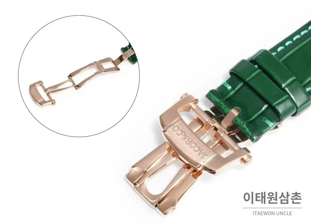 제이콥앤코 지드래곤 데이지 드래곤 더블축 투르비용 47mm 스켈레톤 다이얼 그린 가죽 스트랩 로즈골드 베젤
