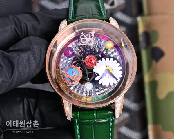 제이콥앤코 지드래곤 로즈골드 다이아몬드 더블축 투르비용 47mm 스켈레톤 다이얼 그린 가죽 스트랩