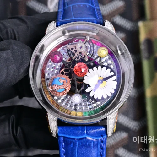 제이콥앤코 지드래곤 로즈골드 다이아몬드 더블축 투르비용 47mm 스켈레톤 다이얼 블루 가죽 스트랩