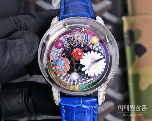제이콥앤코 지드래곤 로즈골드 다이아몬드 더블축 투르비용 47mm 스켈레톤 다이얼 블루 가죽 스트랩