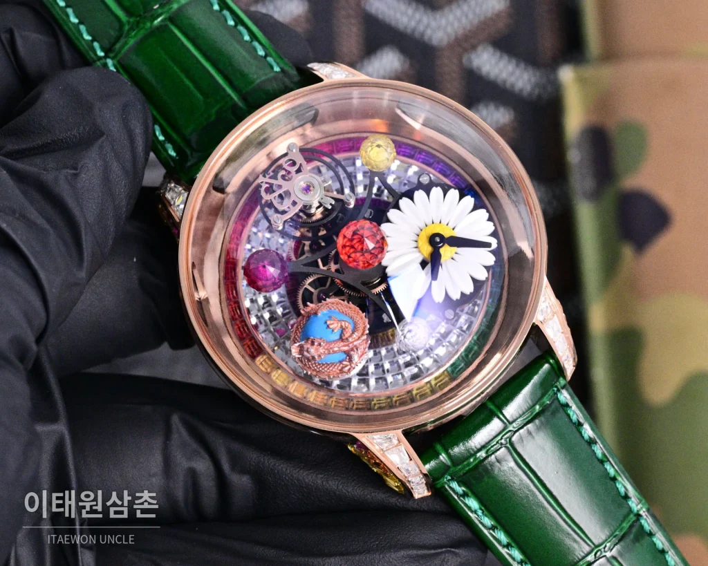 제이콥앤코 지드래곤 로즈골드 다이아몬드 더블축 투르비용 47mm 스켈레톤 다이얼 그린 가죽 스트랩