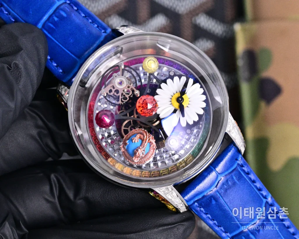 제이콥앤코 지드래곤 로즈골드 다이아몬드 더블축 투르비용 47mm 스켈레톤 다이얼 블루 가죽 스트랩