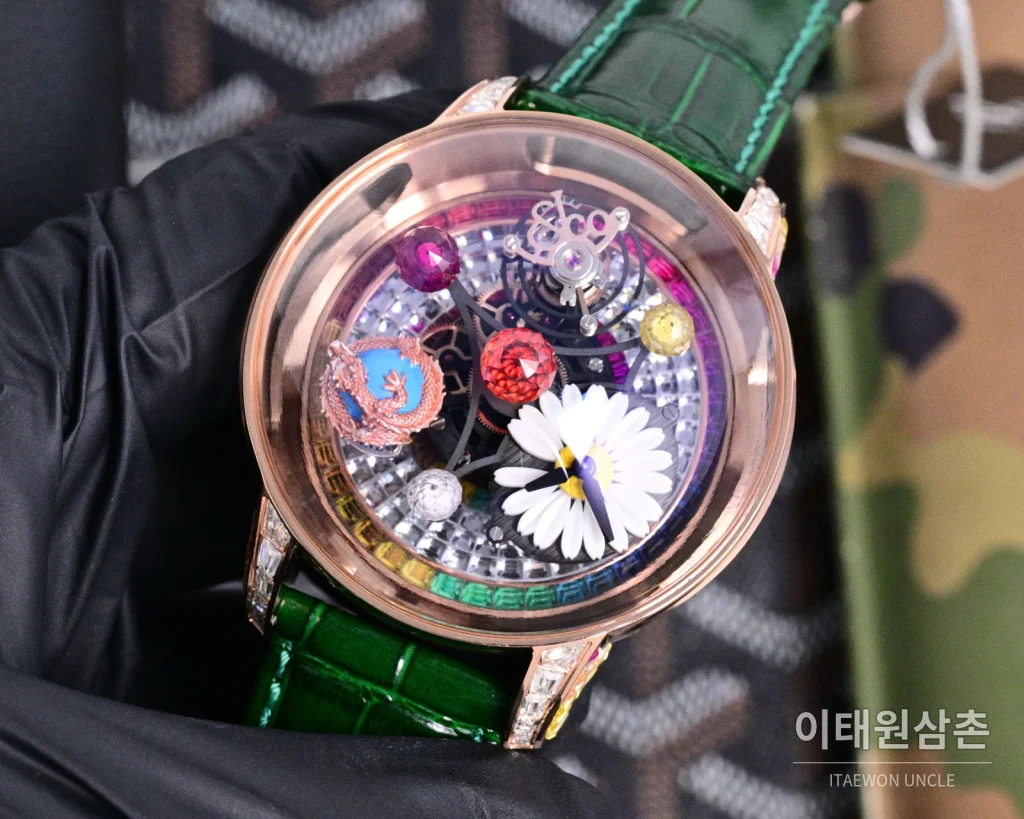 제이콥앤코 지드래곤 로즈골드 다이아몬드 더블축 투르비용 47mm 스켈레톤 다이얼 그린 가죽 스트랩